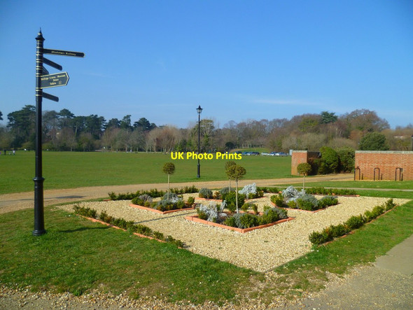 Photo 6"x4" Garden and signpost by chapel in Royal Victoria Park Butlocks Heath c2012