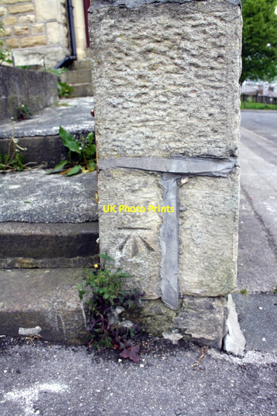Photo 6"x4" Benchmark on wall corner at #10 Highfield Lane Keighley c2012