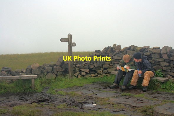 Photo 6"x4" Seat, Wall Corner, Signpost and Two Walkers Macclesfield Forest c2012