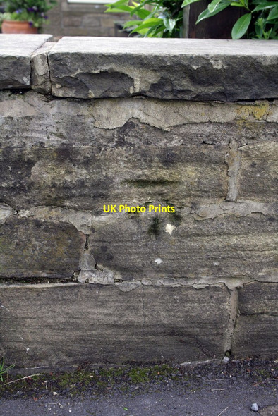 Photo 6"x4" Benchmark on wall outside Travelodge, Bradford Road Keighley c2012