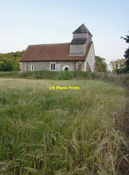 Photo 6"x4" Boveney church, seen across a field of barley Boveney c2013
