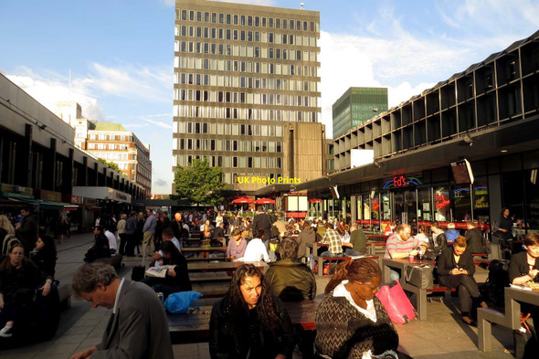 Photo 6"x4" Tables and benches outside Euston Station London c2013