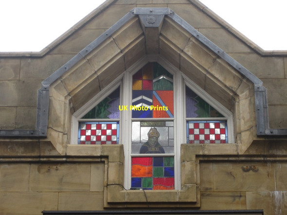 Photo 6"x4" Stained glass window above entrance to St Nicholas Arcades, Lancaster Lancaster c2013