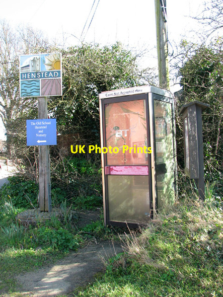 Photo 6"x4" Telephone box and village sign in Henstead Henstead c2014