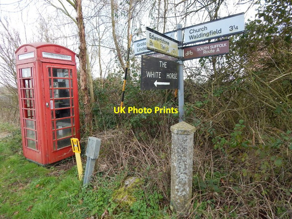 Photo 6"x4" Sign for road towards the White Horse pub and Round Maple Mill Green\/TL9542 c2014