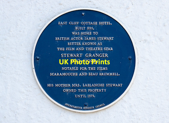 Photo 6"x4" Bournemouth Blue Plaques: No. 23 - Stewart Granger, East Cliff Cottage Bournemouth c2015