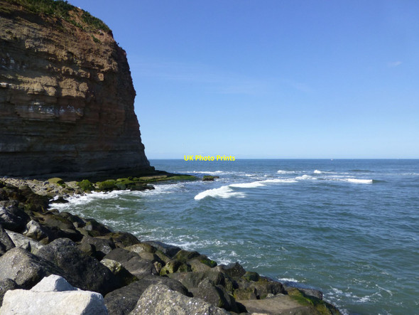 Photo 6"x4" Cowbar Nab and the waves breaking over Cowbar Steel Staithes c2015
