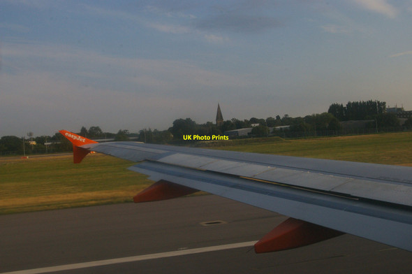 Photo 6"x4" Lowfield Heath church, as seen from a plane taking off at Gatwick Lowfield Heath c2014