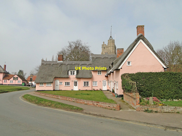 Photo 6"x4" Pink cottages and Cavendish church tower Cavendish c2015