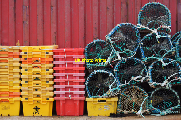Photo 6"x4" Creels and fishboxes, Baltasound pier Baltasound c2014