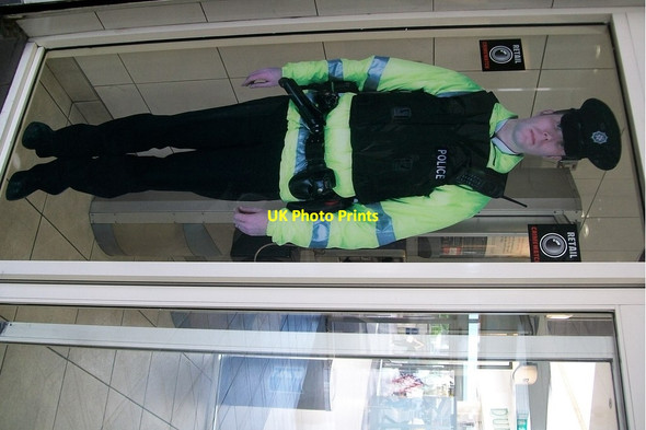 Photo 6"x4" PSNI Cardboard Policeman at the entrance to Buttercrane Shopping Centre Newry c2014