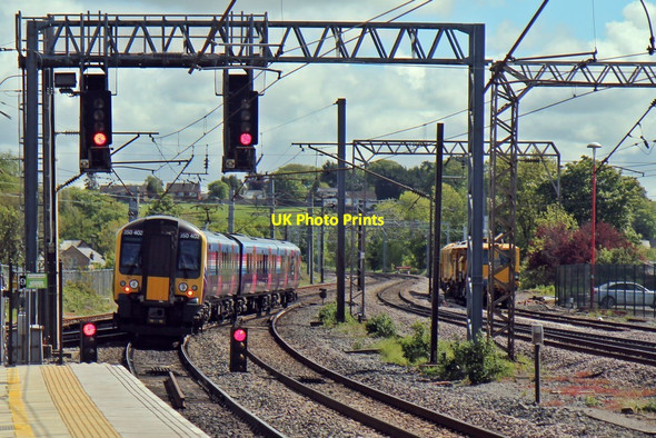 Photo 6"x4" Class 350 and tamping machine, Lancaster railway station Lancaster c2015
