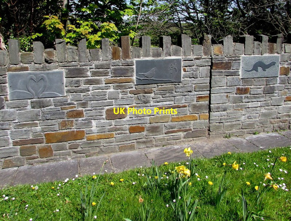 Photo 6"x4" Three wildlife tablets in a stone wall, Tonna Aberdulais c2016