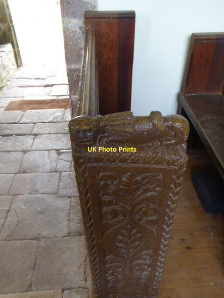 Photo 6"x4" Bench-end in Upton Hellions church Upton Hellions c2016
