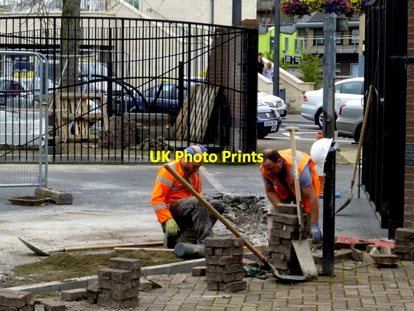 Photo 6"x4" Workmen at Omagh Bus Depot Omagh c2016
