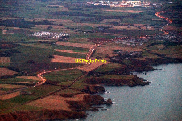 Photo 6"x4" The A90 passing Bridge of Muchalls from the air, at dusk Bridge of Muchalls c2016