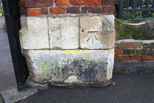 Photo 6"x4" Benchmark on gatepost at entrance to Abbey Park from St Margaret's Way Leicester c2015