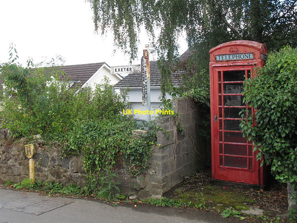 Photo 6"x4" Phone box and broken road sign in Christow Court Barton\/SX8385 c2016