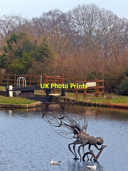 Photo 6"x4" Dragonfly sculpture, Fourteen Locks Cefn\/ST2788 c2017