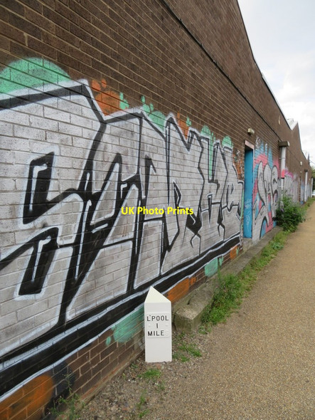 Photo 6"x4" Leeds-Liverpool Canal milepost and graffiti, north of Boundary Road, Liverpool Bootle\/SJ3394 c2017