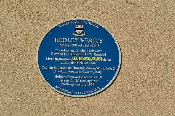 Photo 6"x4" Blue plaque to Hedley Verity, Rawdon Cricket Club Yeadon c2020