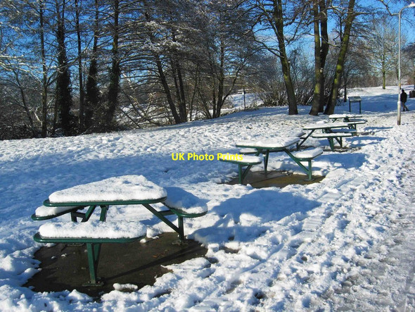 Photo 6"x4" Picnic tables in the snow, Springfield Park, Kidderminster Kidderminster c2017