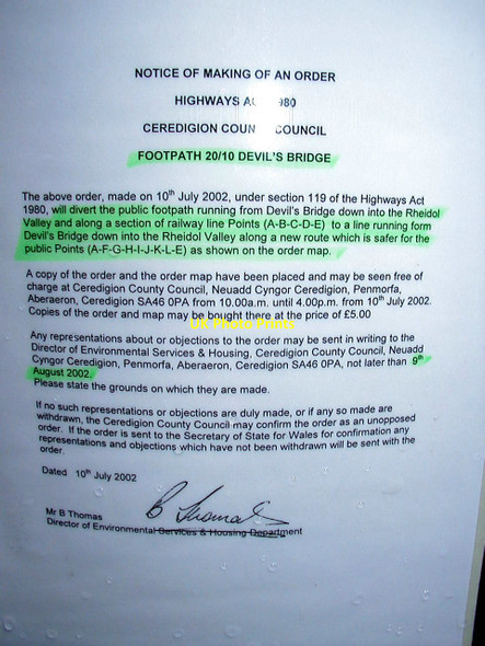 Photo 6"x4" Notice of an order to divert the Devil's Bridge footpath Devil's Bridge\/Pontarfynach c2002