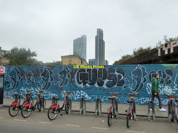 Photo 6"x4" Hire bikes and graffiti, Brick Lane, E1 London c2019