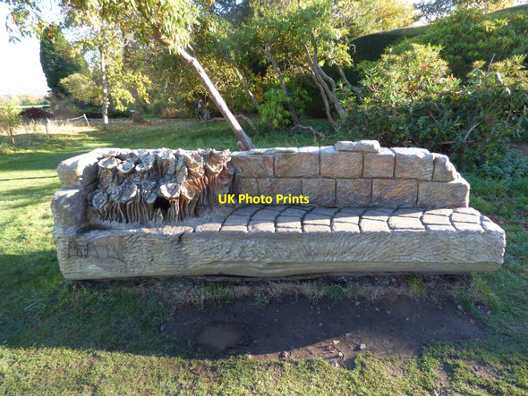 Photo 6"x4" Carved wooden bench at Chirk Castle Bronygarth c2018