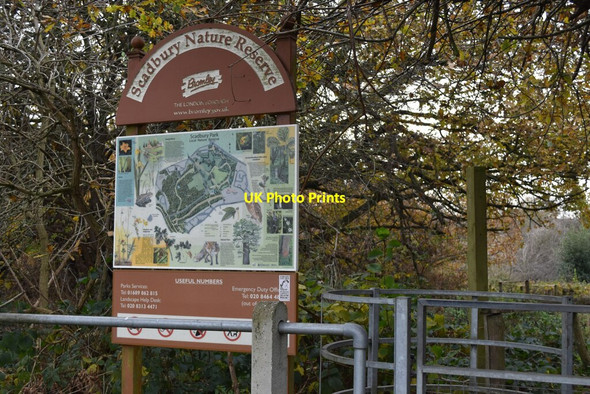 Photo 6"x4" Scadbury Nature Reserve sign and gate Foots Cray c2021