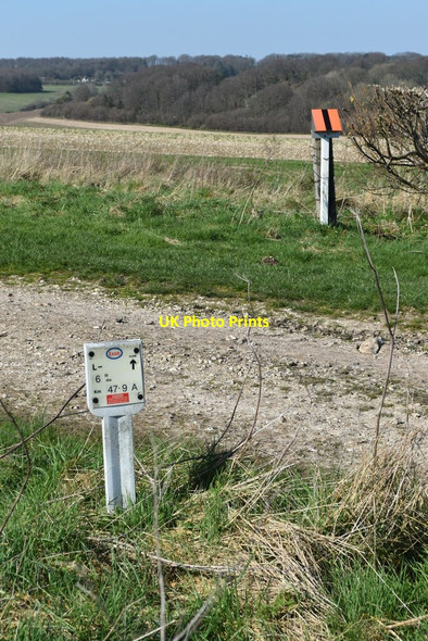 Photo 6"x4" Pipeline markers beside track above Chine Farm Middle Woodford c2022