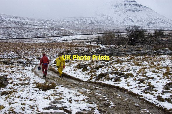 Photo 6"x4" Cavers on the path to Ingleborough Chapel-le-Dale c2010