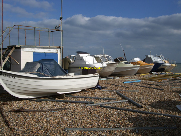 Photo 6"x4" Fishing boats on Eastbourne Beach Roselands c2010
