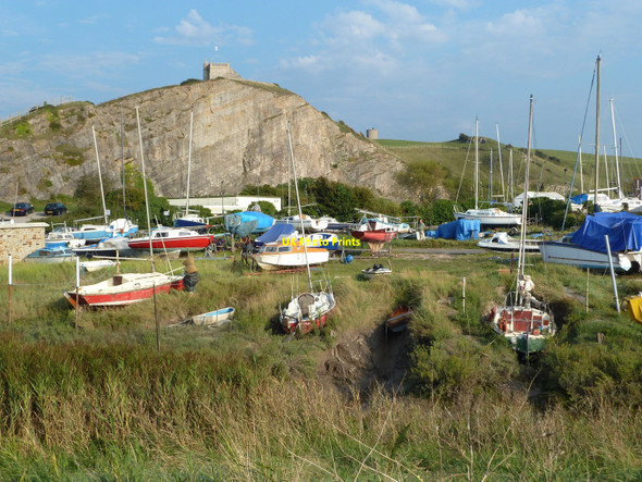 Photo 6"x4" Boats, cliff and the old St Nicholas's church, Uphill Uphill\/ST3158 c2010