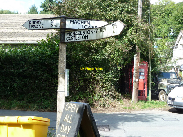 Photo 6"x4" Village signpost with phone box, Draethen Draethen c2010