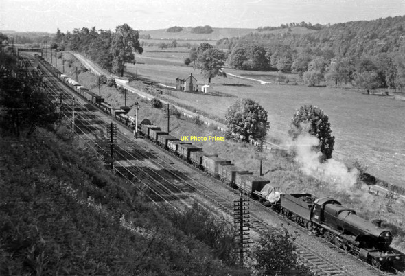 Photo 6"x4" Thames Valley panorama, with Up freight train approaching Pangbourne Lower Basildon c1951