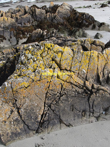 Photo 6"x4" Lichen covered rocks on Kilclief  Beach Ballyhornan c2011