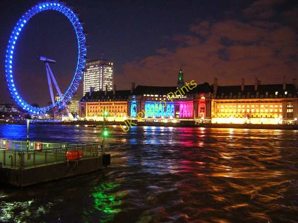 Photo 6"x4" County Hall and the London Eye by night Westminster c2010
