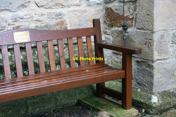 Photo 6"x4" Benchmark by seat at St Michael's Church Spennithorne c2011