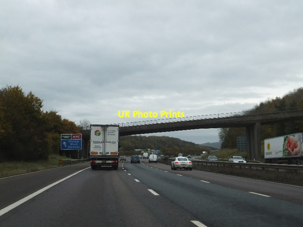 Photo 6"x4" Bridge and sign south of Michael Wood services on M5 Damery c2011