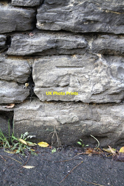 Photo 6"x4" Benchmark on wall below #118B Gloucester Road Malmesbury c2011