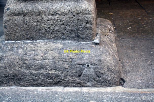 Photo 6"x4" Weathered benchmark on Guildhall pillar Exeter c2011