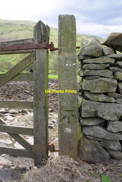 Photo 6"x4" Benchmark on gatepost, opposite track to Moser Hill Sedbergh c2013