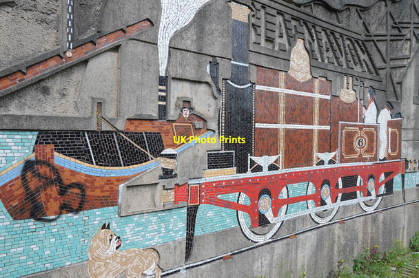 Photo 6"x4" Narrowboat and locomotive in mosaic Newport\/Casnewydd c2013