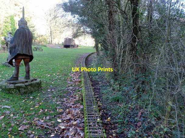 Photo 6"x4" Model railway track and a wooden sculpture at The Old Station, Tintern Chapel Hill\/SO5200 c2011