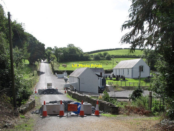 Photo 6"x4" Corraneary Presbyterian Church viewed across the blocked bridge Canningstown c2013