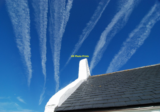 Photo 6"x4" Contrails above the church at Mwnt Y Ferwig c2013