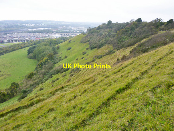 Photo 6"x4" Downs above Channel Tunnel Terminal Folkestone c2014