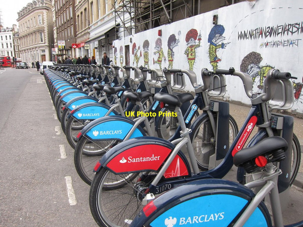 Photo 6"x4" Barclays and Santander bikes, Southwark Street London c2015