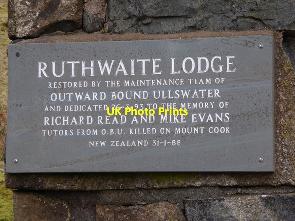 Photo 6"x4" Commemorative plaque on Ruthwaite Lodge Grisedale Forest c2015